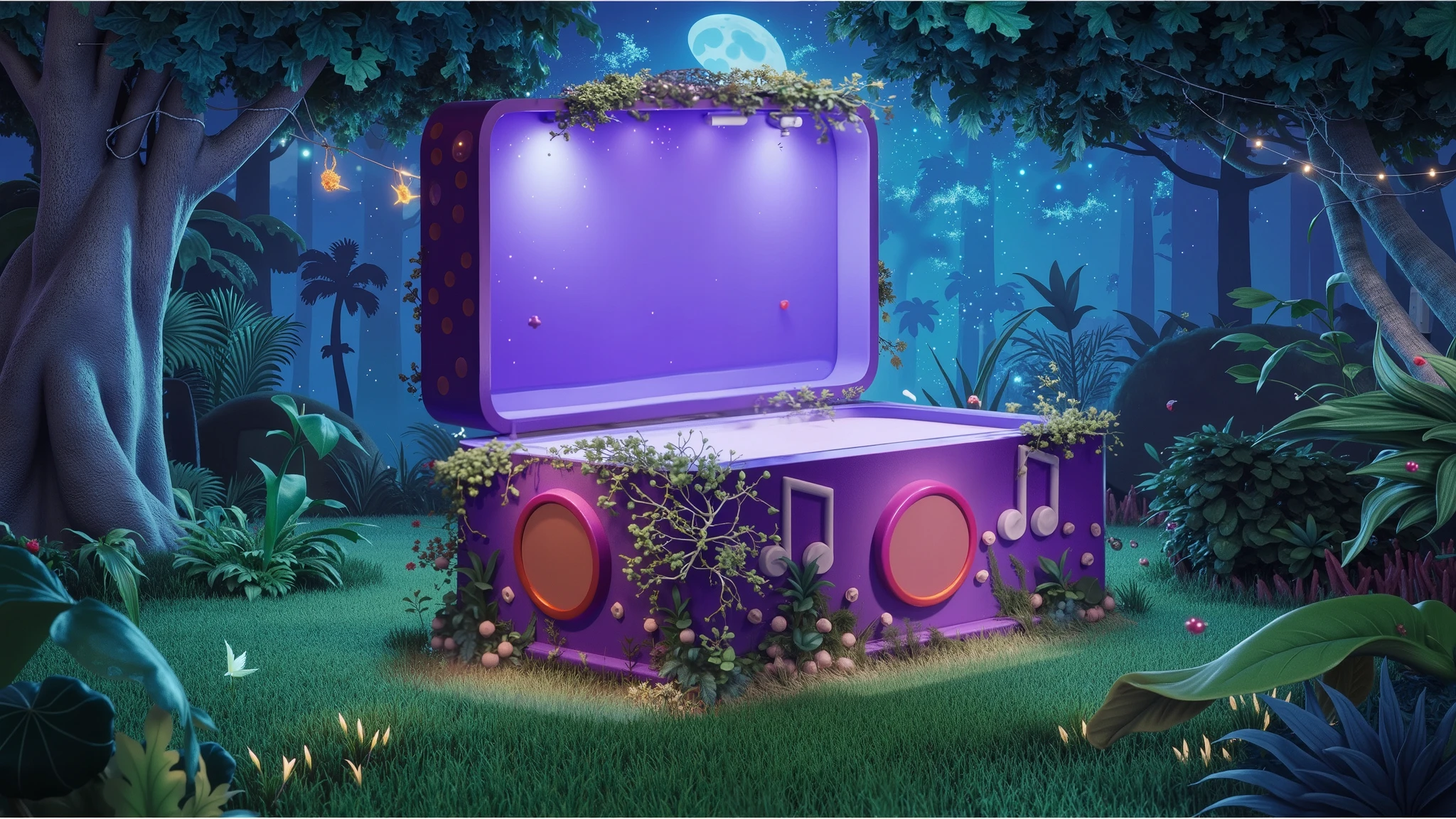 The poster of a Disney Pixar film in 3D in high resolution and high quality creates a forest environment where there is an open grassy area around trees and plants typical of the Brazilian Amazon and in the center as if it were a forgotten archaeological discovery full of vegetation taking over its surface like the pop art style decoration with its own lighting and the illumination of the moon and stars and fireflies an enchanted music box, it has a modern and ish style, out of its time the lid has a bottom illuminated white to insert a logo later, which would be the guardian of the forest's dream, it appears centralized and is in an open field in the middle of the forest, the image must be playful and with an enchanted appearance similar to a Disney film poster