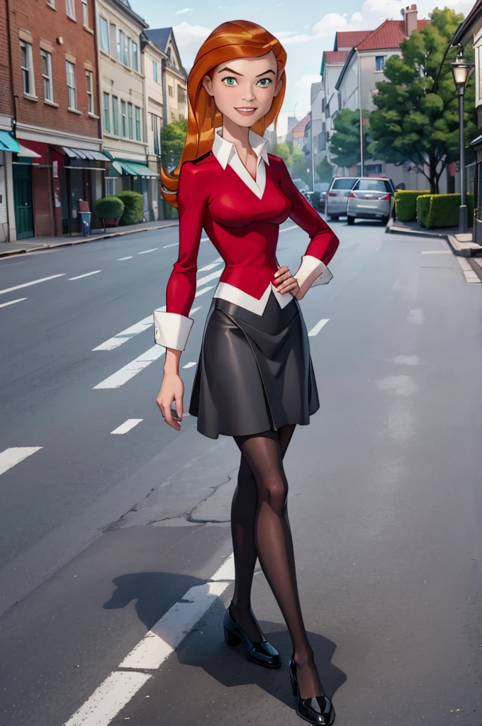 ((Gwen Tennyson, red top, long sleeved top, no buttons on top, white shirt, black pantyhose, black shoes, Standing in a street, one hand on her hip, looking at the viewer, smiling:1.6)), ((masterpiece)), ((best quality)), (ultra-detailed), ((extremely detailed cg)), (perfect lighting), ((8k)), (dynamic angle), depth of field, rich in details and textures, dynamic angle, dynamic pose, artistic, cool, memorable masterpieces, (masterpiece), (best quality), 1girl, Gwen Tennyson, orange hair, long hair, green eyes, red and black outfit, shirt, skirt, pantyhose, shoes, red and black outfit, shirt, skirt, pantyhose, shoes, red and black outfit, vest, pants, shoes, white dress, strapless dress, white high heels,perfect full body composition,well tonned