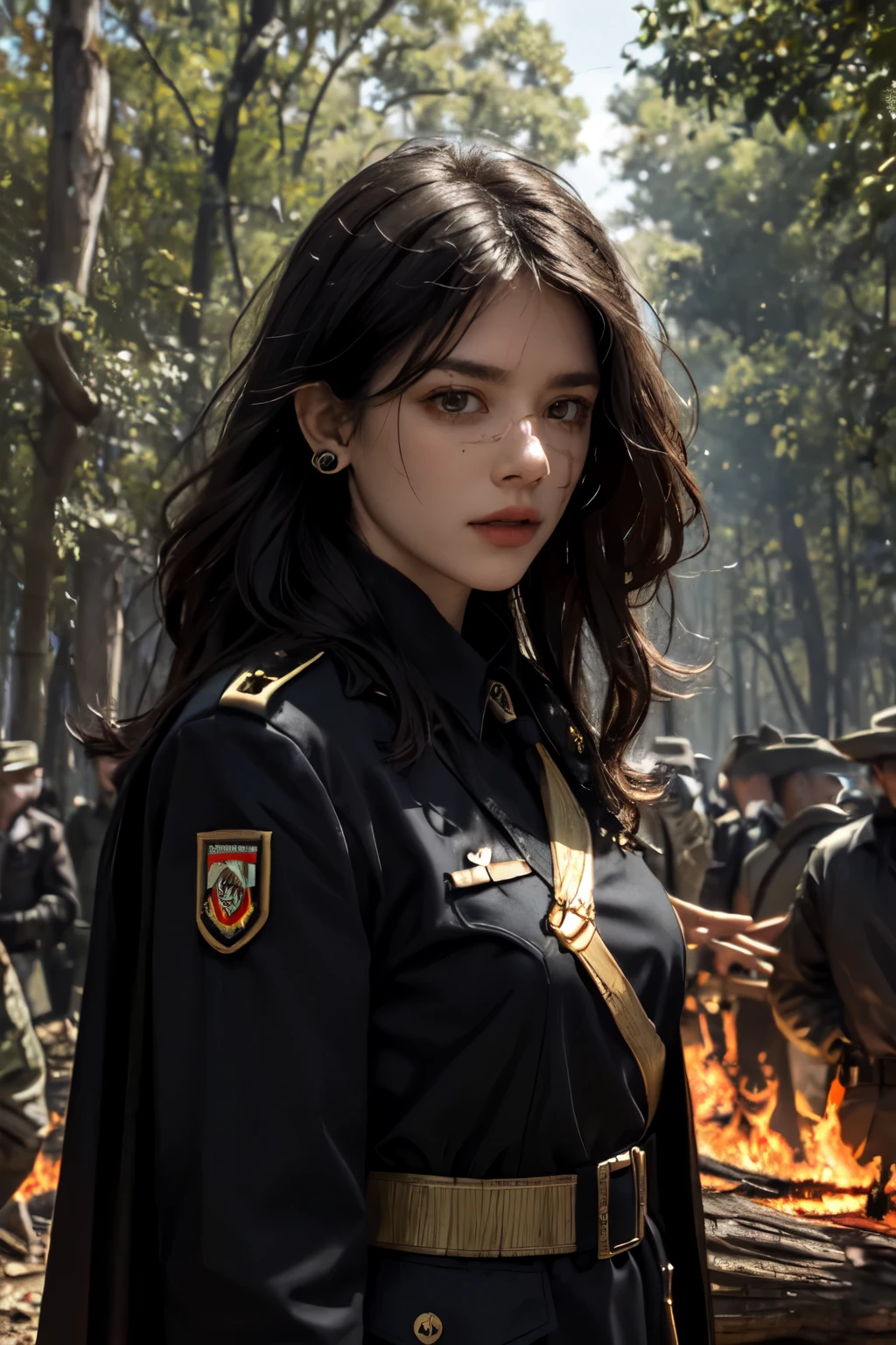realistic, masterpiece, best quality, close-up, lips , upper body , no makeup, mature female, cowboy shot, black hair, military uniform, black military jacket , black cape , , badge, military jacket , , valor , golden badge , military badge, depth of field, long hair, mole under eye, black gloves, earrings, gloves, crowded place , crowd, evening, branch, dead tree, fireflies, sparkle, fire_sparkle , fire , , holding blue fire , scar_on_eye , military badge , medals , blood , bleeding , on fire forest , burning trees , military valor , burning background , crowded place , , big fire ,  german  military , smirk , blimp , tank , battlefield , 