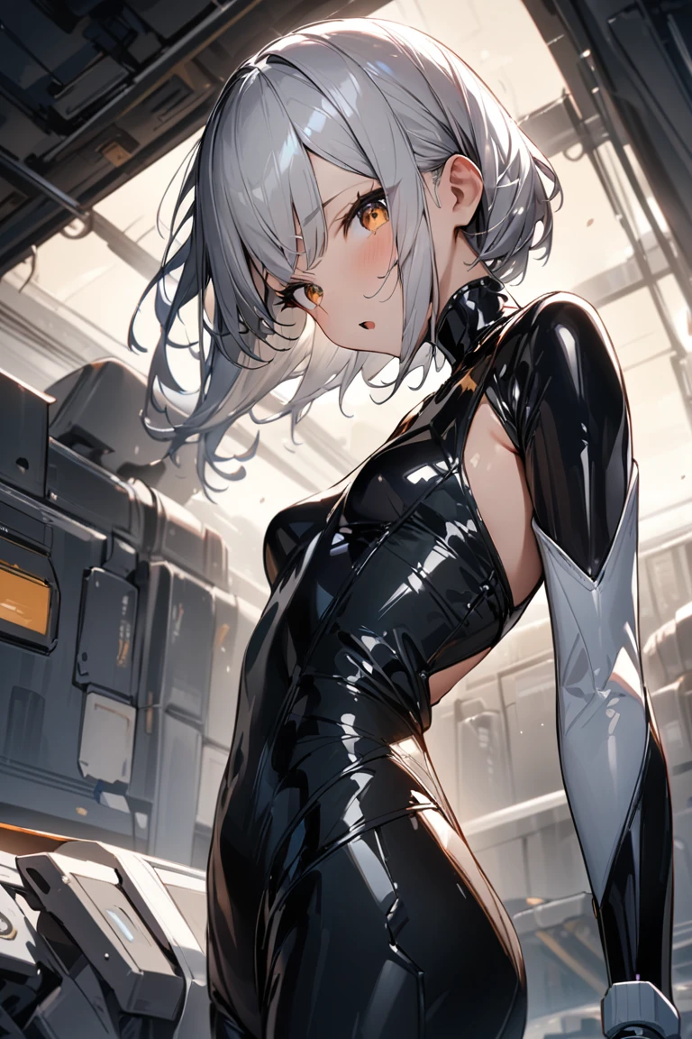 highest quality、complete limbs、full finger、one beautiful woman、((Woman with silver hair:1.4))、very short hair、big breasted woman:1.6、((Woman wearing light gray high neck sleeveless leotard with zipper:1.3))、woman wearing brown pantyhose、hands on hips、Gray background color