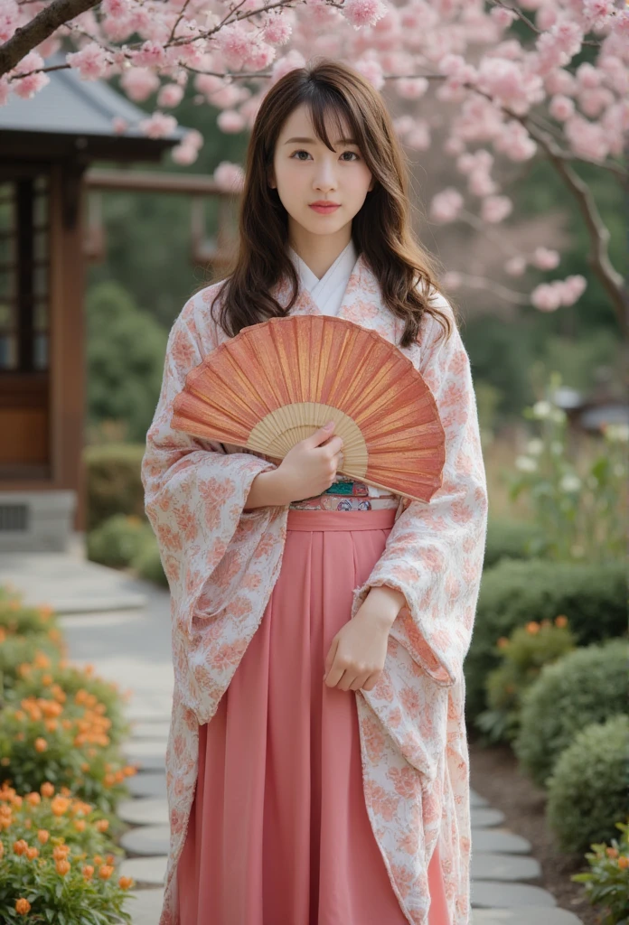 A photo of a stunningly delicate cute face young woman,20 years old ,fit body,in a traditional Japanese outfit holding a fan. She is standing in a garden with stone paths and various plants, including cherry blossoms. The background contains a wooden structure. The photo has a soft, warm hue.