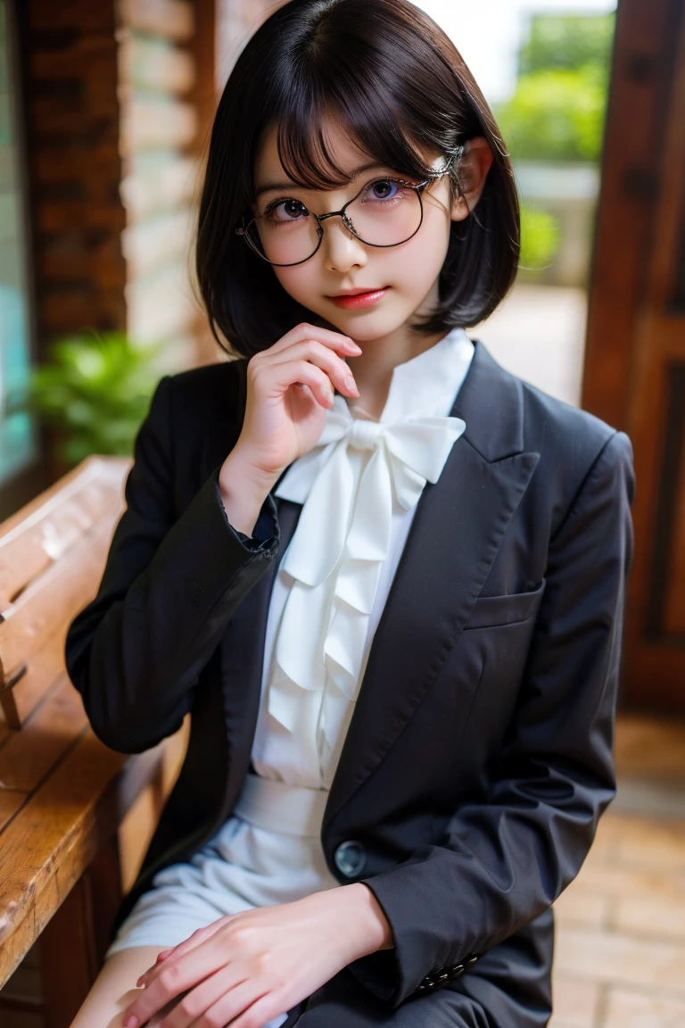 panel anime  :   girl,   white skin,   purple eyes ,   short wavy white hair,   I wear glasses ,  formal clothes  ,nsfw, 