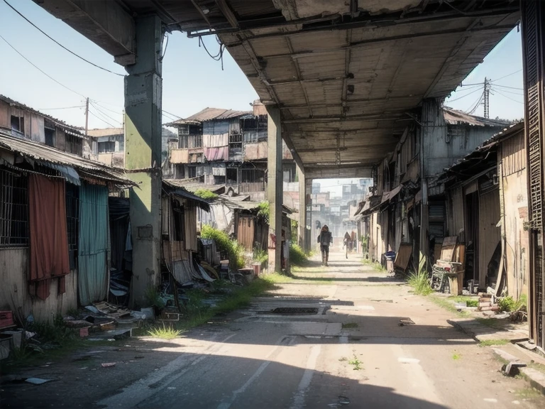 (((A slightly rough residential area with a concrete structure under an overpass))), (Many people々Comes and goes), (The first floor of the slum is filled with food stalls), ( the buildings are connected at the top 、 a concrete-structured slum ) , (  there are a lot of shabby buildings with about 4 floors  ) ,  wandering into another world  .( Very realistic 、  viewers mistake the first floor of the ),( A slum town  )、 Super detailed、 Aesthetic 、​masterpiece、top-quality、 Realistic、 Wonderful 、  Dramatic Shadows、  a situation that cannot happen in reality ,