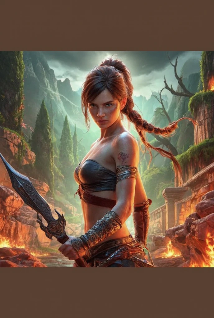 Naked nude, Breasts, rpg game view, action advanture game, game status hud, fighting with titan from underworld, fire harpies, (topless naked ellie the last of us wearing kratos god of war shirtless outfit) (holding a blade of chaos), (braid updo with hair only ellie), slim body, epic, greco-roman culture, pandora world, fantasy, highly detailed, greece roman olympian castles, god of war world, olympus, thunder sky, elegant delicate beautiful, vine moss, shiny, mystical