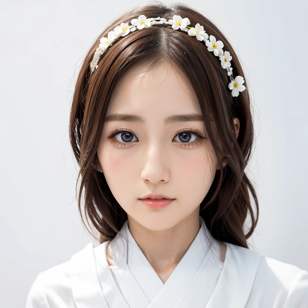 1girl, japanese, strong features, facial and hair details, realistic, white random formal attire, white background,
