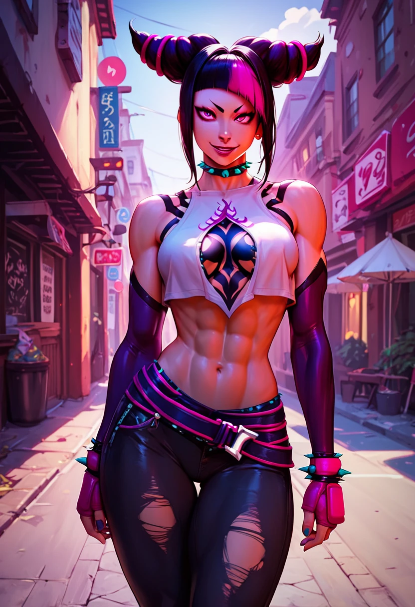 score_9, score_8_up, score_8_up, 1girl, solo, Juri Han, (StreetFighter), walking down the neon street, wearing a a pink and white skull tank top, ripped black jeans. night time, cowboy shot, , , , midriff, cleavage, looking at viewer, seductive smile, meduim breasts, (slim fit), easynegative, thick thighs, toned body, outside,  