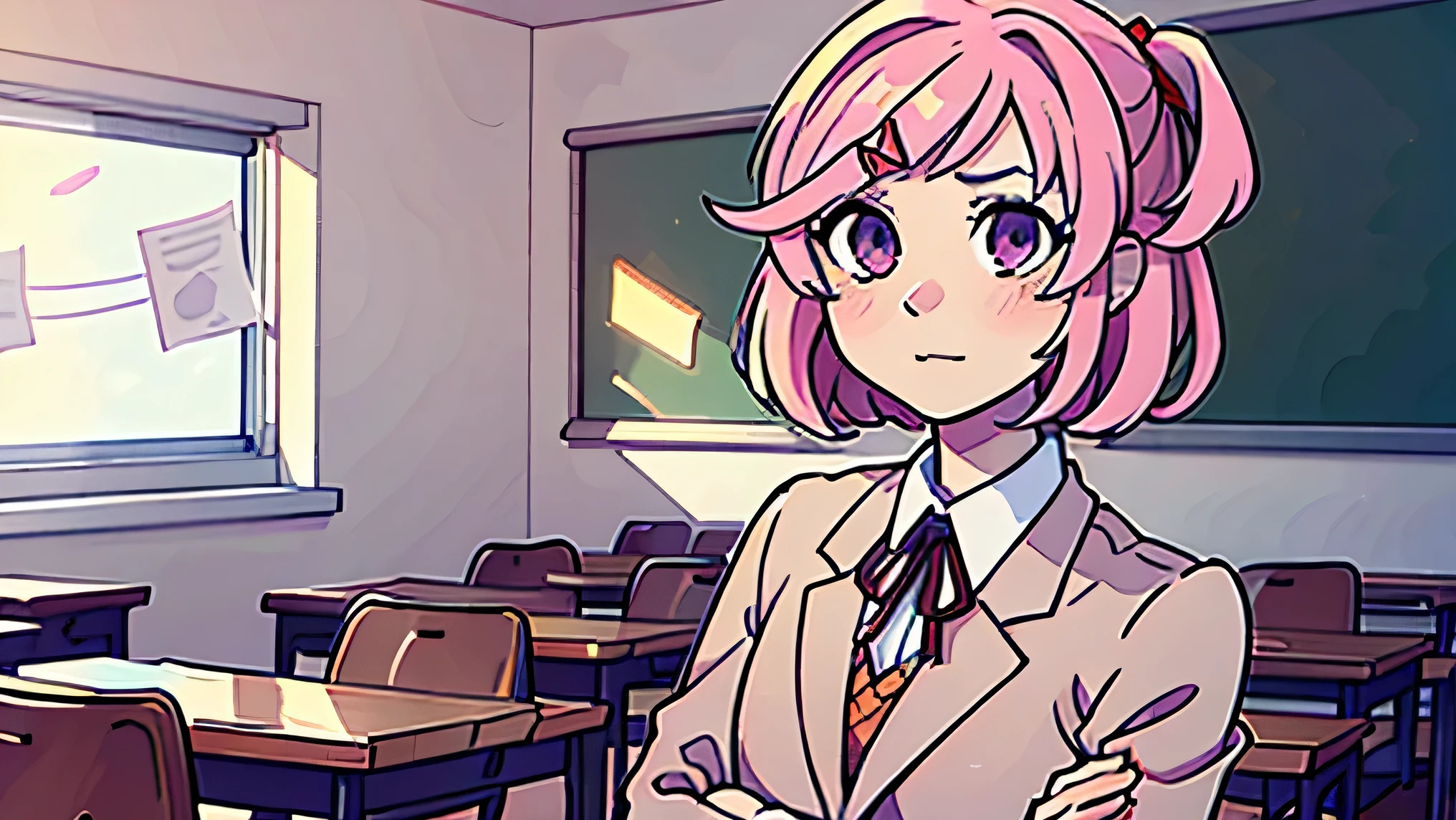 (best quality:0.8), perfect anime illustration, natsuki standing in a classroom, wearing a school uniform, swept bangs, pink eyes, 