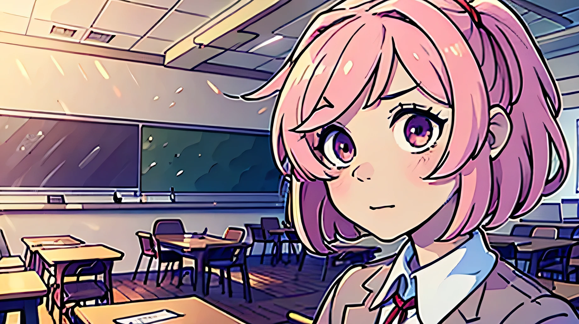 (best quality:0.8), perfect anime illustration, natsuki standing in a classroom, wearing a school uniform, swept bangs, pink eyes, 