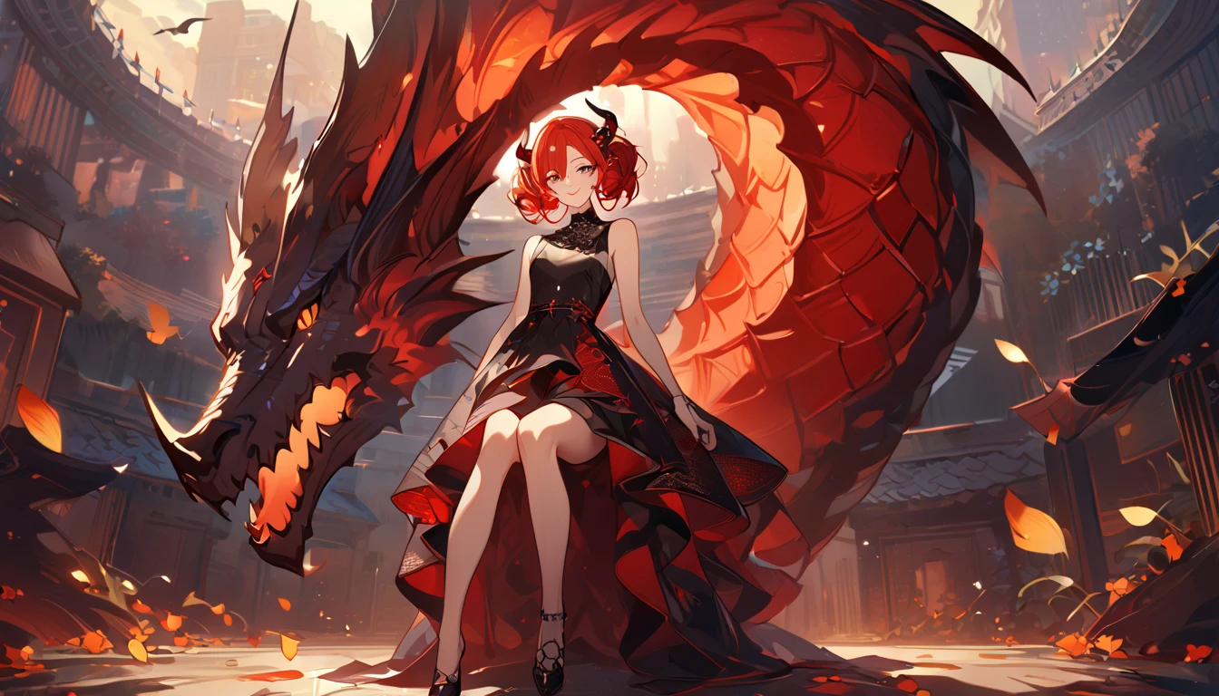 Highest quality, masterpiece, One girl、Red Hair、Smile with your mouth closed、Cute iridescent Asian dragon playing with clouds and wind in the sky, isometric, Beautiful concept art, Optics
