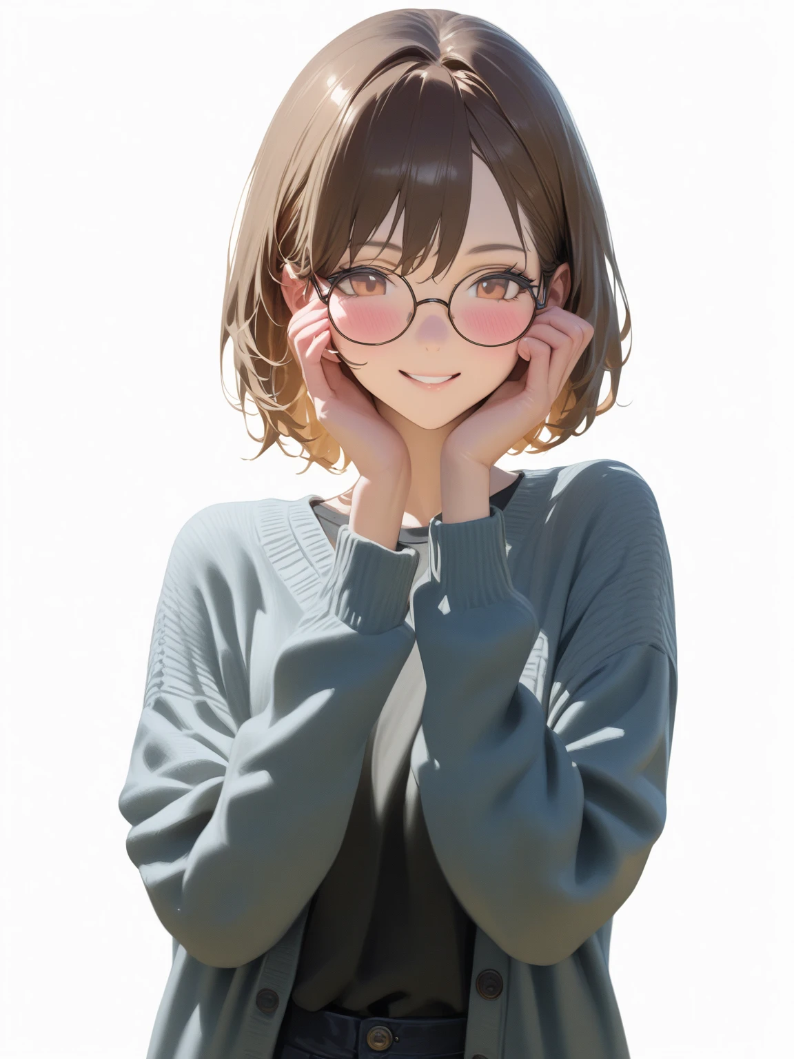 masterpiece, Portraiture, One stunningly beautiful girl, (cute:1.1), Beautiful woman face,  normal chest , Round Glasses, Lightweight cardigan, Bob,  brown hair, winter, smile,  blushing,  beautiful hands,
masterpiece,  High Quality , 最 High Quality , Super detailed,  Hi-Res, ( realism:1.1), photo realism,  volumetric lighting, Contrast,  written border surrounded by greenery,  sharp concentration,  absurd,  unreal engine 