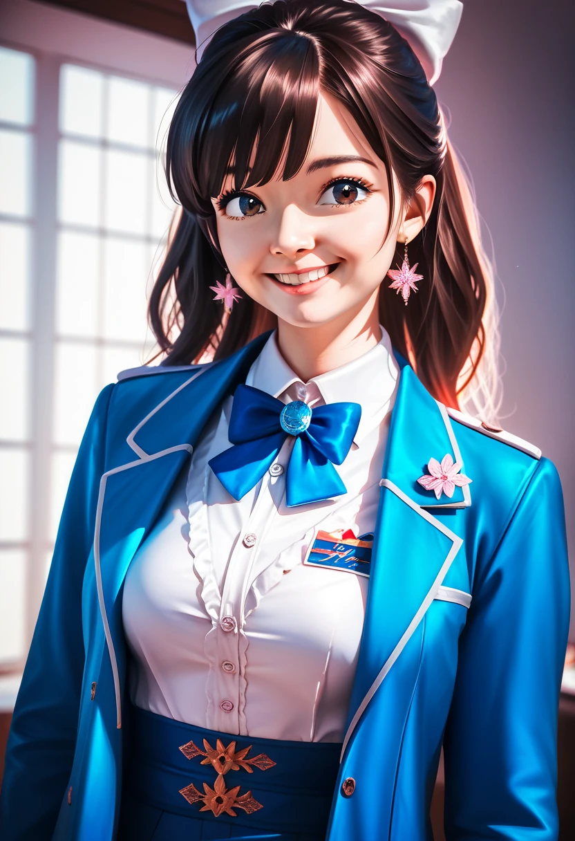 a beautiful detailed young girl with big black eyes, long brown hair with bangs and a white bow, medium breasts, wearing a white shirt and blue jacket, smiling and looking at the viewers, in a daytime scene, (best quality,4k,8k,highres,masterpiece:1.2),ultra-detailed,(realistic,photorealistic,photo-realistic:1.37),highly detailed portrait,intricate detail,cinematic lighting,vibrant colors,elegant,cute,kawaii,anime,character design