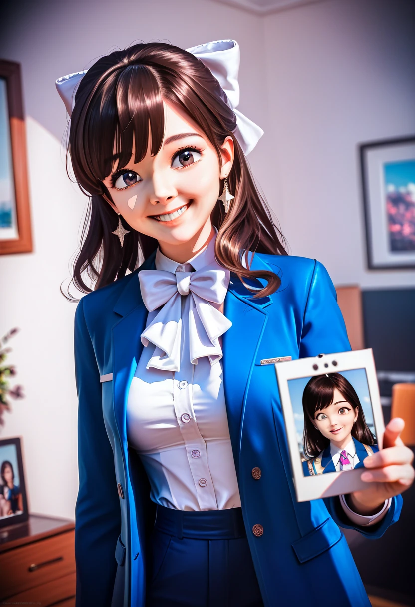 a beautiful detailed young girl with big black eyes, long brown hair with bangs and a white bow, medium breasts, wearing a white shirt and blue jacket, smiling and looking at the viewers, in a daytime scene, (best quality,4k,8k,highres,masterpiece:1.2),ultra-detailed,(realistic,photorealistic,photo-realistic:1.37),highly detailed portrait,intricate detail,cinematic lighting,vibrant colors,elegant,cute,kawaii,anime,character design