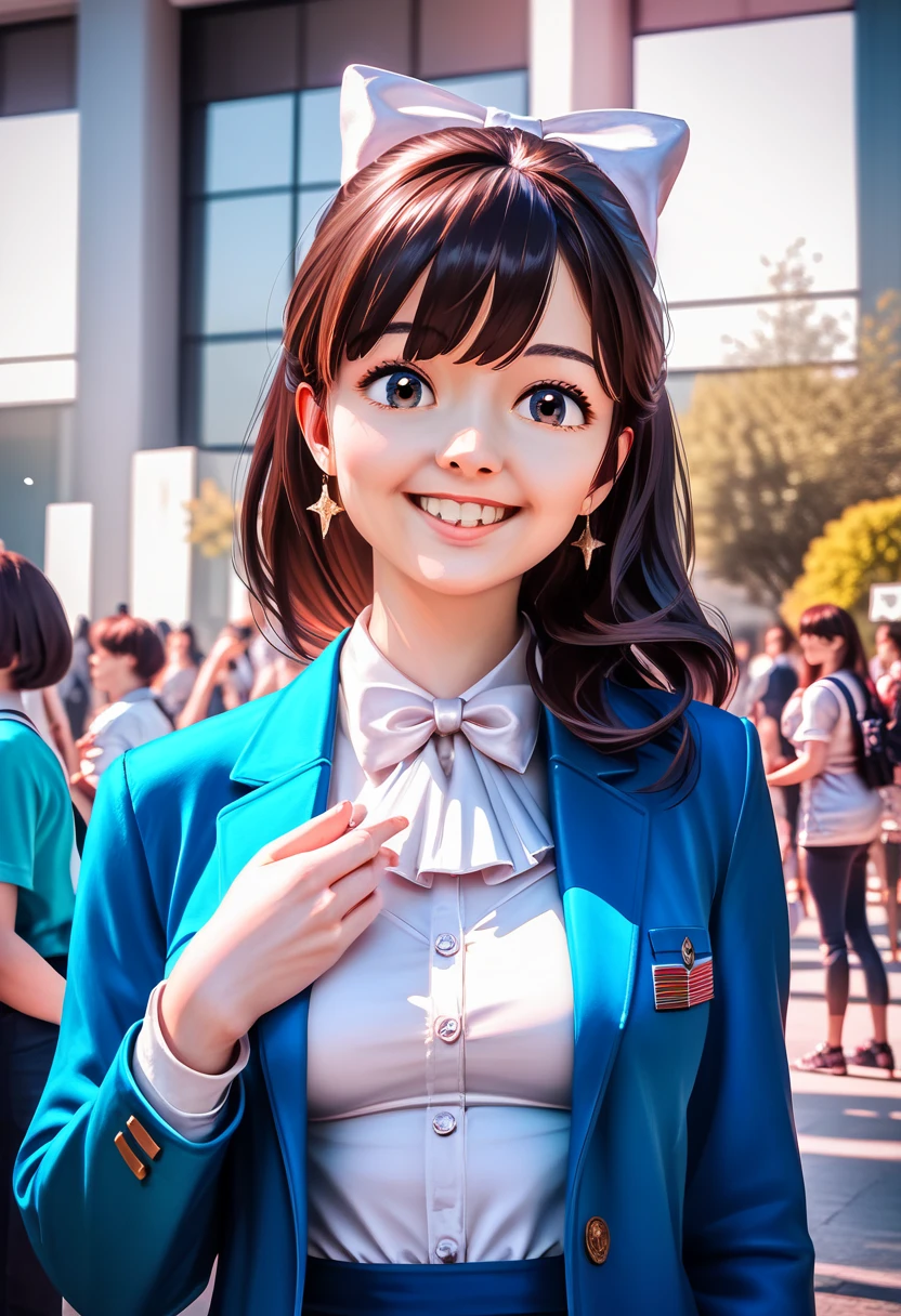 a beautiful detailed young girl with big black eyes, long brown hair with bangs and a white bow, medium breasts, wearing a white shirt and blue jacket, smiling and looking at the viewers, in a daytime scene, (best quality,4k,8k,highres,masterpiece:1.2),ultra-detailed,(realistic,photorealistic,photo-realistic:1.37),highly detailed portrait,intricate detail,cinematic lighting,vibrant colors,elegant,cute,kawaii,anime,character design