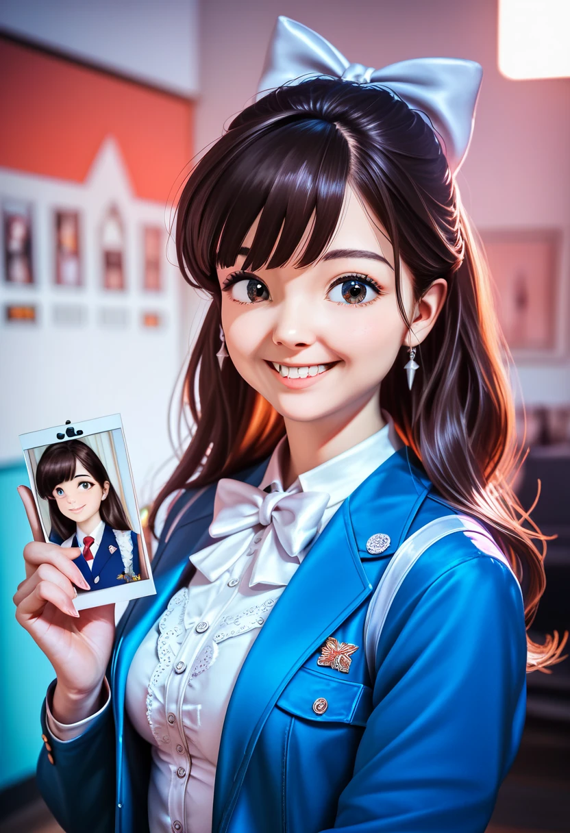 a beautiful detailed young girl with big black eyes, long brown hair with bangs and a white bow, medium breasts, wearing a white shirt and blue jacket, smiling and looking at the viewers, in a daytime scene, (best quality,4k,8k,highres,masterpiece:1.2),ultra-detailed,(realistic,photorealistic,photo-realistic:1.37),highly detailed portrait,intricate detail,cinematic lighting,vibrant colors,elegant,cute,kawaii,anime,character design