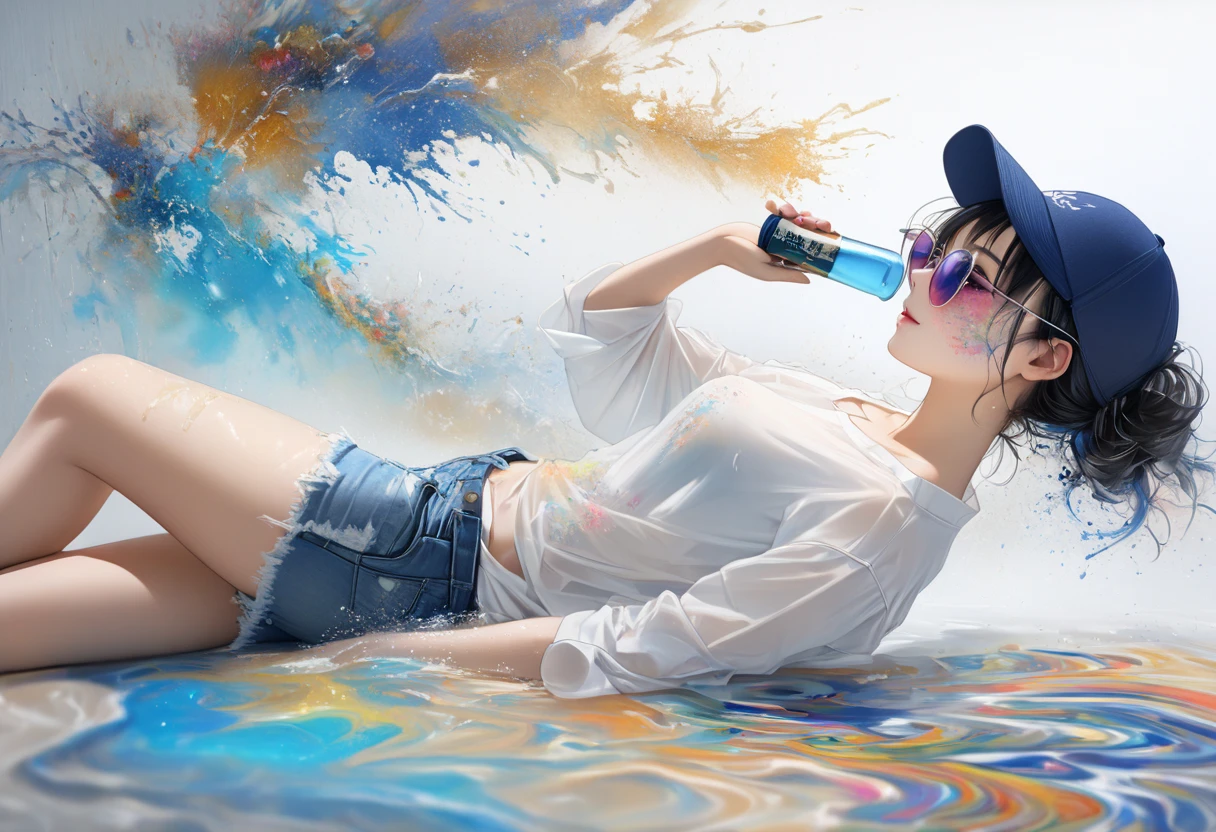 (realistic:1.4). (masterpiece:1.4), (32k), Oriental beautiful girl，sideways，Looking over the shoulder，White transparent real-life painting，Colorful water splash rendering，Facial texture is clear，Dark blue baseball cap worn backwards，loose white shirt，Blue distressed denim shorts，sunglasses，White sand background，messy strokes，dozens of 720ml sake bottles rolling around her