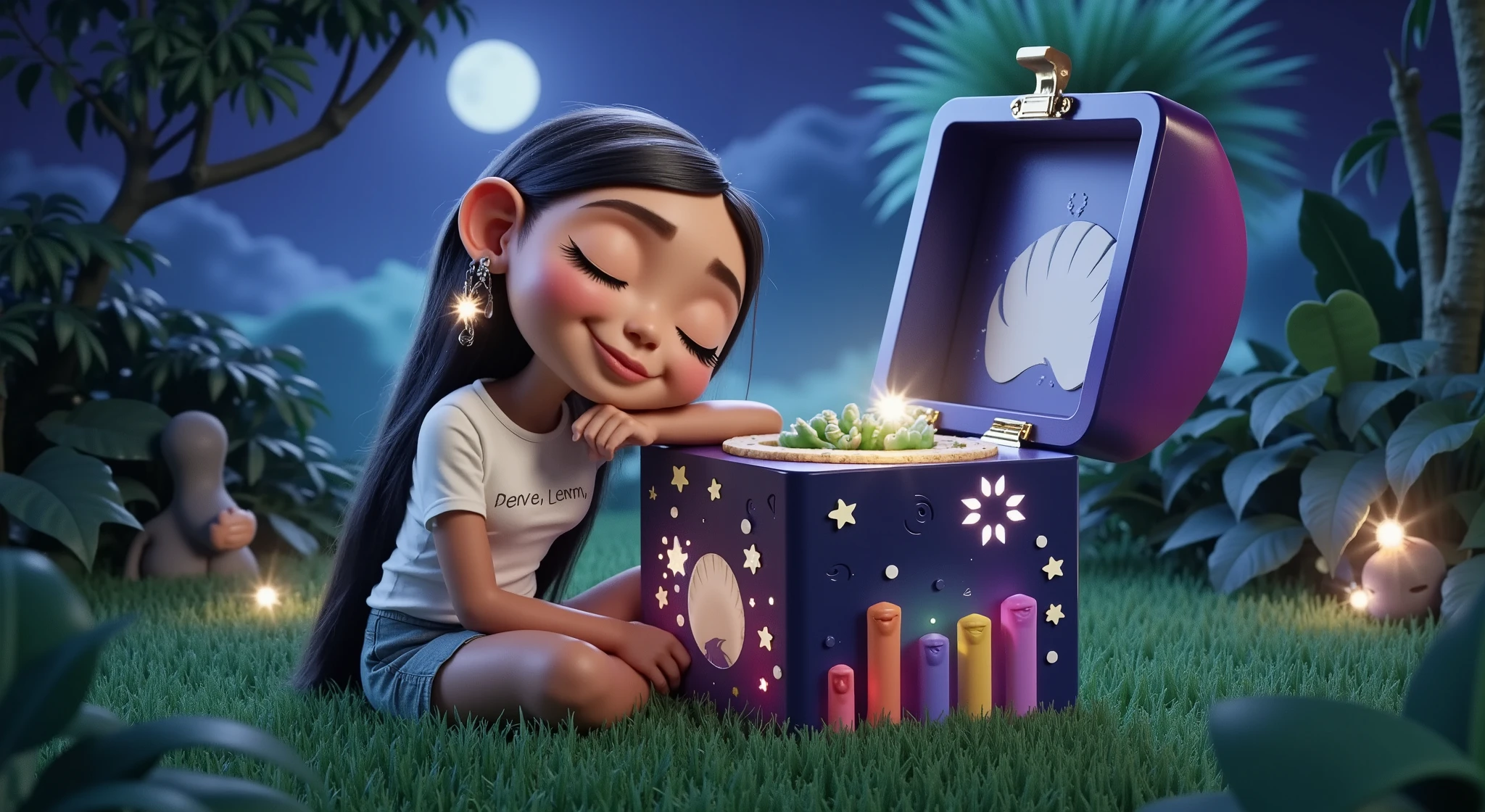 The poster of a Disney Pixar film in 3D in high resolution and high quality creates a forest environment where there is an open grassy area around trees and plants typical of the Brazilian Amazon and in the center as if it were a forgotten archaeological discovery full of vegetation taking over its surface like the pop art style decoration with its own lighting and the illumination of the moon and stars and fireflies an enchanted music box, it has a modern and ish style, out of its time the lid has a bottom illuminated white to insert a logo later, which would be the guardian of the forest's dream, it appears centralized and is in an open field in the middle of the forest, the image must be playful and with an enchanted appearance similar to a Disney film poster