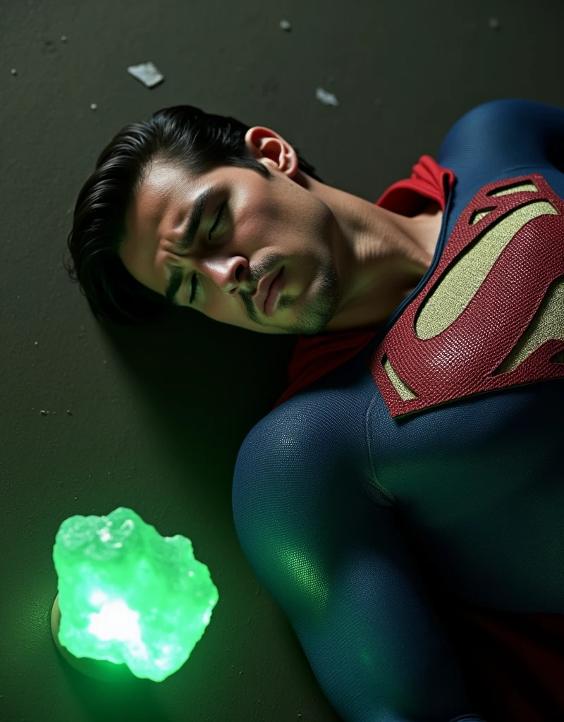 Nicholas Alexander Chavez, An attractive superman is captured lying on the ground. He has short hair combed back. He has a well-defined jaw, a small beard, he has a sexy and pained expression, his eyes are closed, suggesting that he is unconscious or incapacitated. He's trying to get up, his arm is outstretched. Near him is a glowing green crystal, probably kryptonite, that emits a bright light.