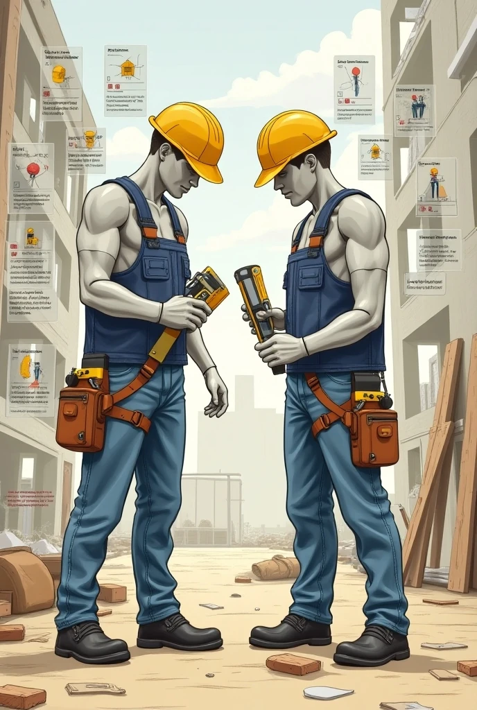 civil engineer Gigachad, shirtless, grey skin, holding construction drawings, bridge construction background, construction helmet, rectangular chin and jaw