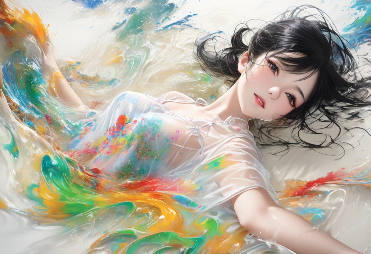 (realistic:1.4). (masterpiece:1.4), (32k), Oriental beautiful girl，sideways，Looking over the shoulder，White transparent real-life painting，Colorful water splash rendering，Facial texture is clear， knee length long nightie，White sand background，messy strokes，dozens of 720ml sake bottles rolling around her

