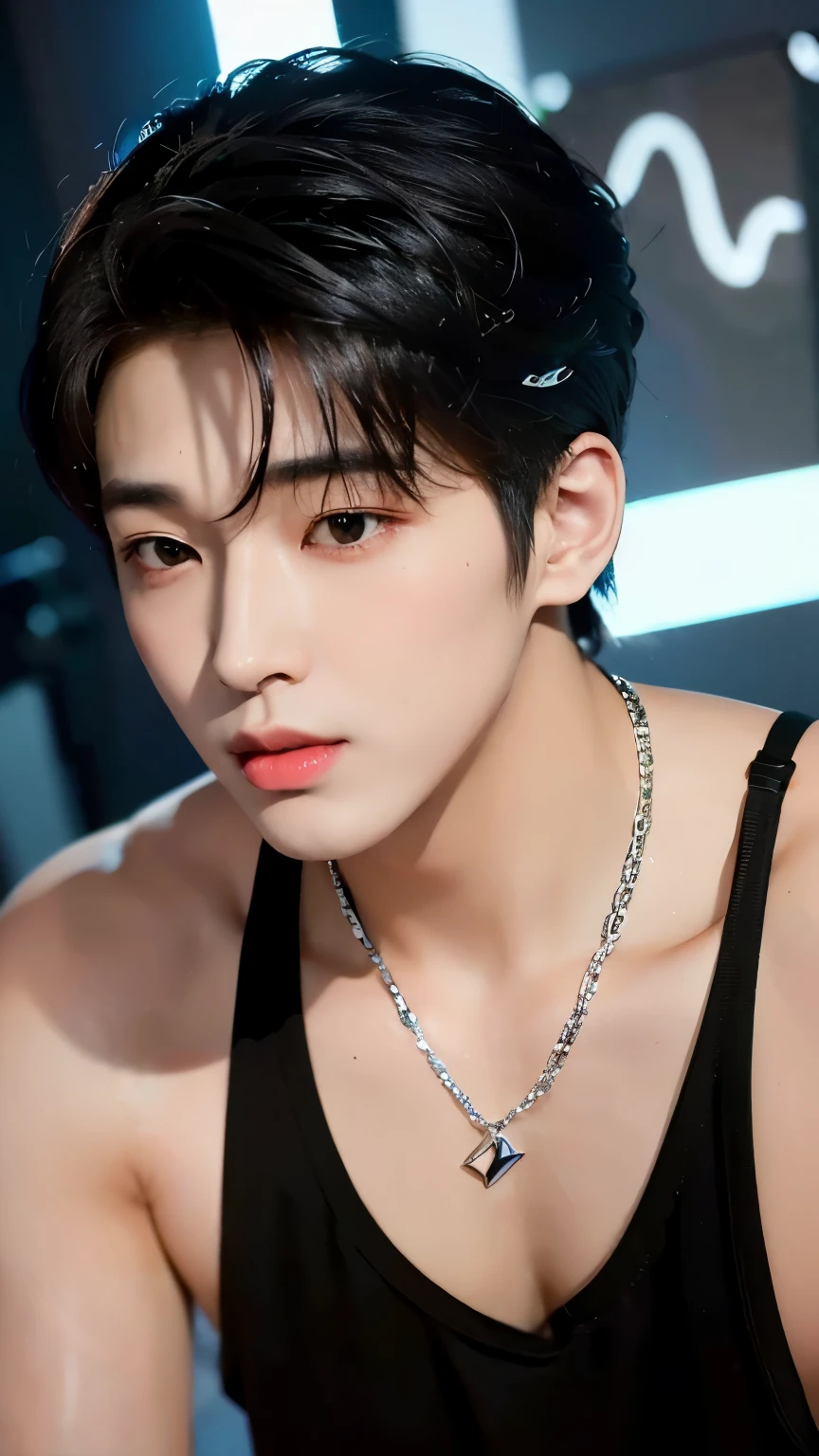 Wonoo Seventeen ,A close-up of a handsome Korean male is singing behind microphone in Recording studio, his expression intense and filled with emotion. He’s He is wearing all black low-cut tank top and Low-waisted tight pants, and a silver chain around his neck that subtly highlights his athletic build in Recording studio,The lighting is soft yet focused on his face, casting shadows that deepen the mood, giving an intimate, immersive feel. The style is cinematic, with rich, warm tones to enhance the depth and emotion of the scene