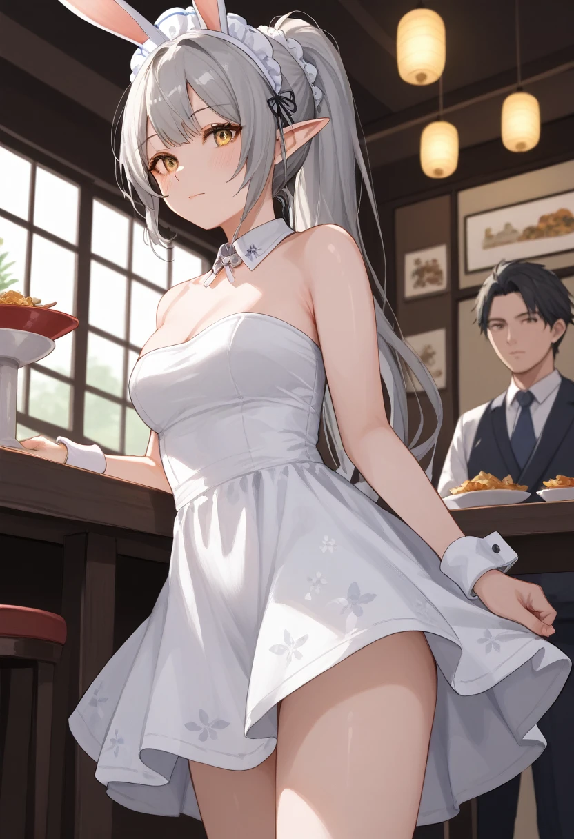  masterpiece ,Best Quality, 8k,   Insanely Detailed and Intricate   ,    With vivid watercolor-style anime images   ,Best Quality ,Grey Hair,    golden eyes  ,   Ponytail Elf   ,    The Face of Japan  ,20 years old,  Black Rabbit Headdress ,  Enamel Swimsuit Dress   ,   Strapless   ,White cuffs,   restaurant  , White Collar ,   standing  ,