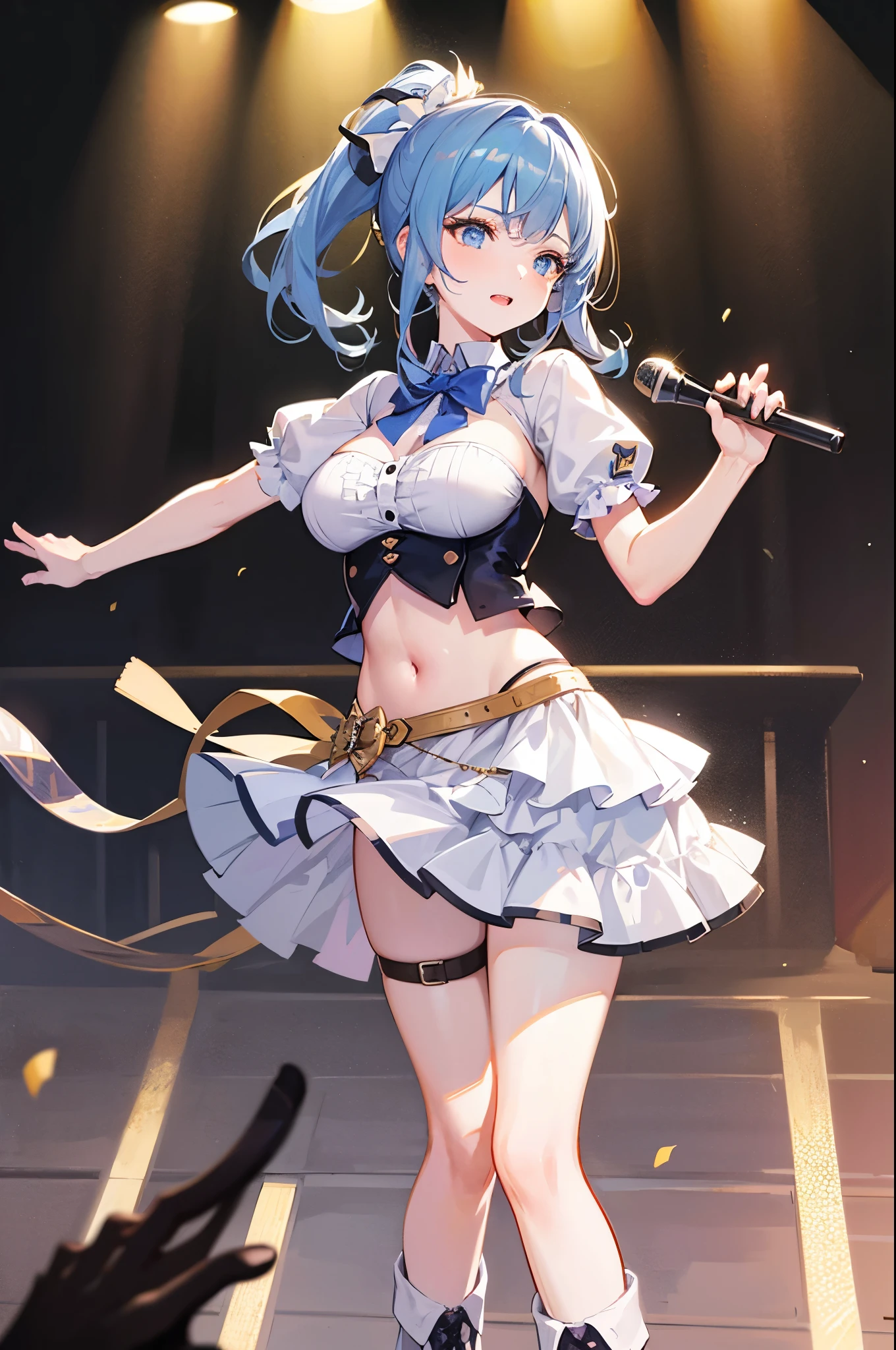 Light blue hair woman singing song、A look of shame、A big smile、idol、Short skirt、Navel out、(Messy light)、(Best Highlights)、(Best Shadows)、(highestdetailed)、(Highest image quality 8K)、(masutepiece)