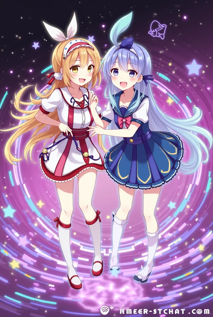 Two girls standing in front of a painting、laugh face、Water droplets on the cheeks、Dance Practice、jumpping、bustup、Eye Up、Flowing iridescent silk、Petals of the cosmos