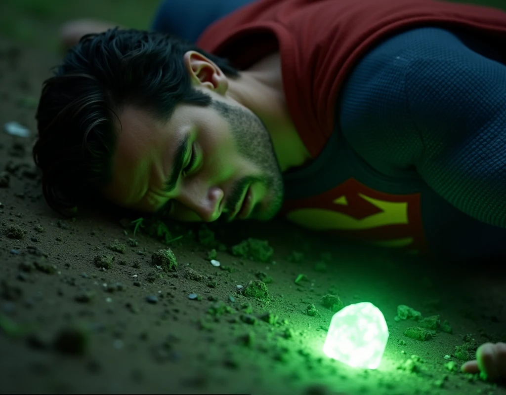 Nicholas Alexander Chavez, An attractive superman is captured lying on the ground. He has short hair combed back. He has a well-defined jaw, a small beard, he has a sexy and pained expression, his eyes are closed, suggesting that he is unconscious or incapacitated. He's trying to get up, his arm is outstretched. Near him is a glowing green crystal, probably kryptonite, that emits a bright light.