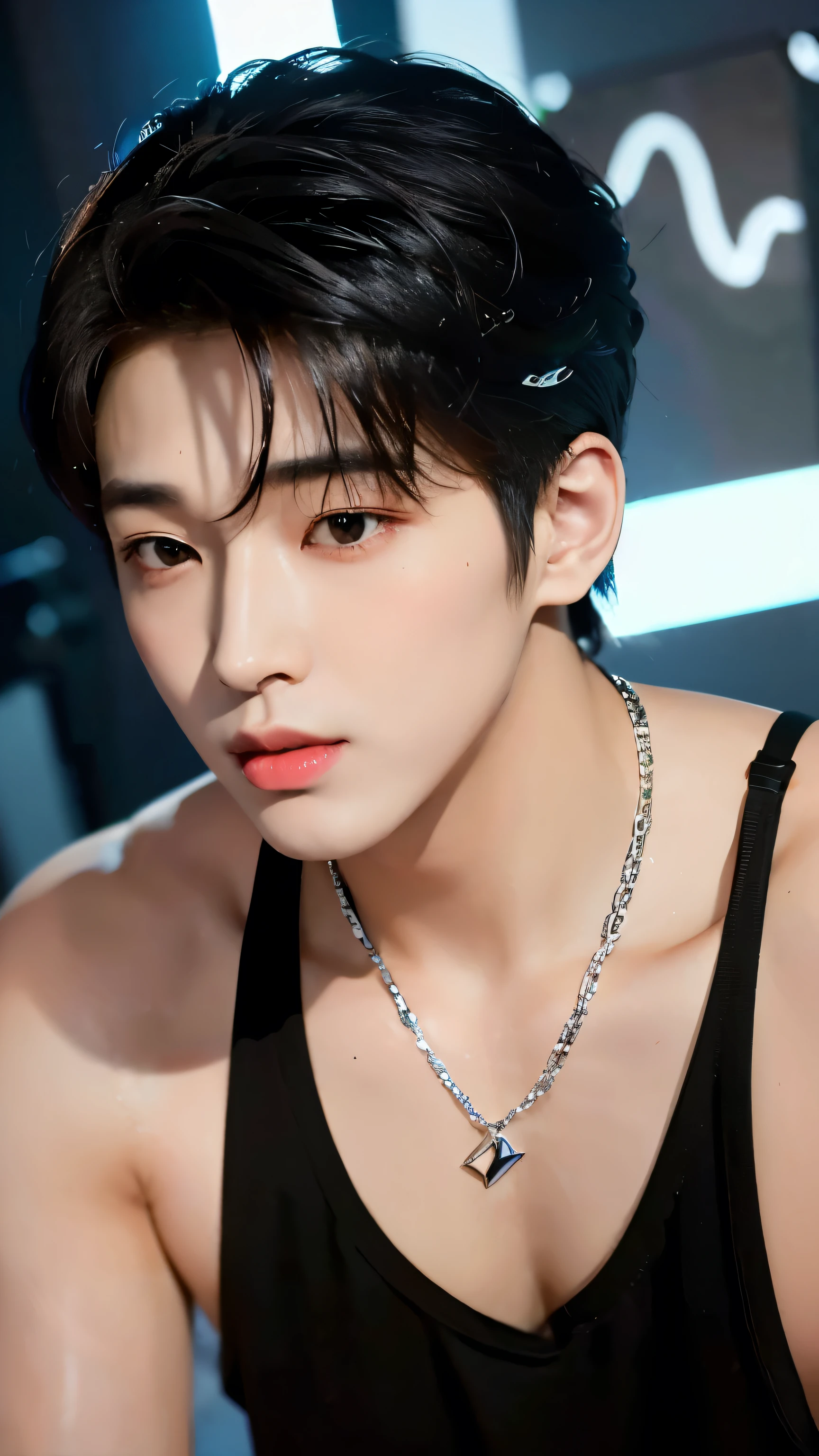 Wonoo Seventeen ,A close-up of a handsome Korean male is singing behind microphone in Recording studio, his expression intense and filled with emotion. He’s He is wearing all black low-cut tank top and Low-waisted tight pants, and a silver chain around his neck that subtly highlights his athletic build in Recording studio,The lighting is soft yet focused on his face, casting shadows that deepen the mood, giving an intimate, immersive feel. The style is cinematic, with rich, warm tones to enhance the depth and emotion of the scene