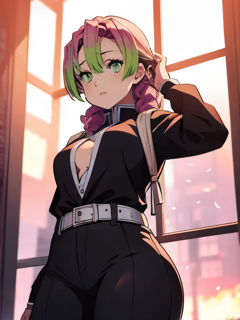 Mitsuri in demon slayer anime, 1woman, wearing short tight pants, at a night , mitsuri's hair style, 8k, high detailed, high quality