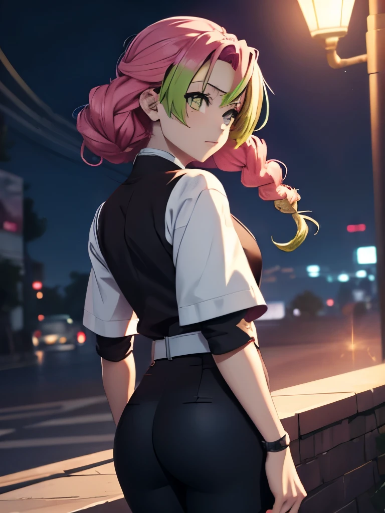 Mitsuri in demon slayer anime, 1woman, wearing short tight pants, at a night , mitsuri's hair style, 8k, high detailed, high quality
