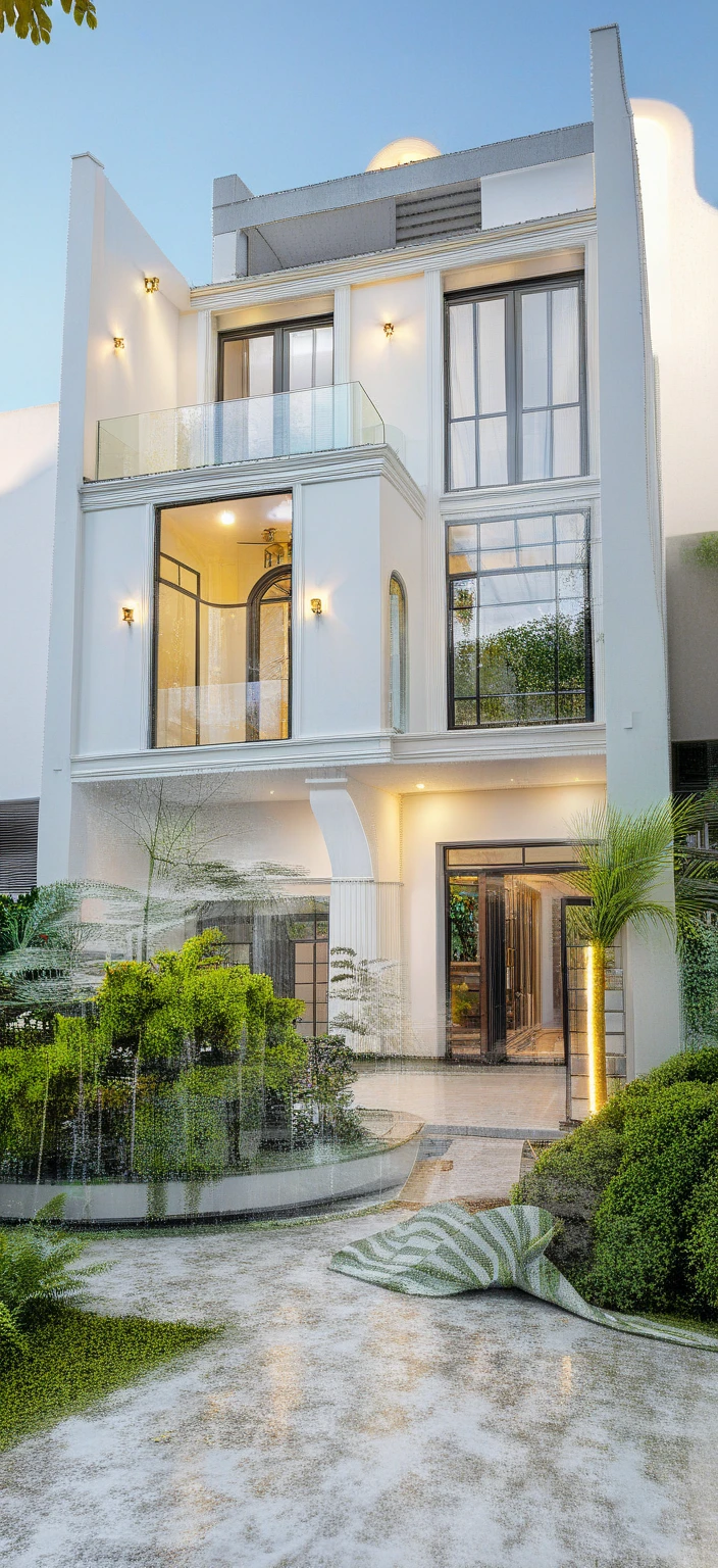 neo classical villa on street, (daylight), tropical tree, vivid colour, streetcapes, white tone, black detail, white wall, large glass door, warm interior lighting, best quality, masterpiece, ultra realistic