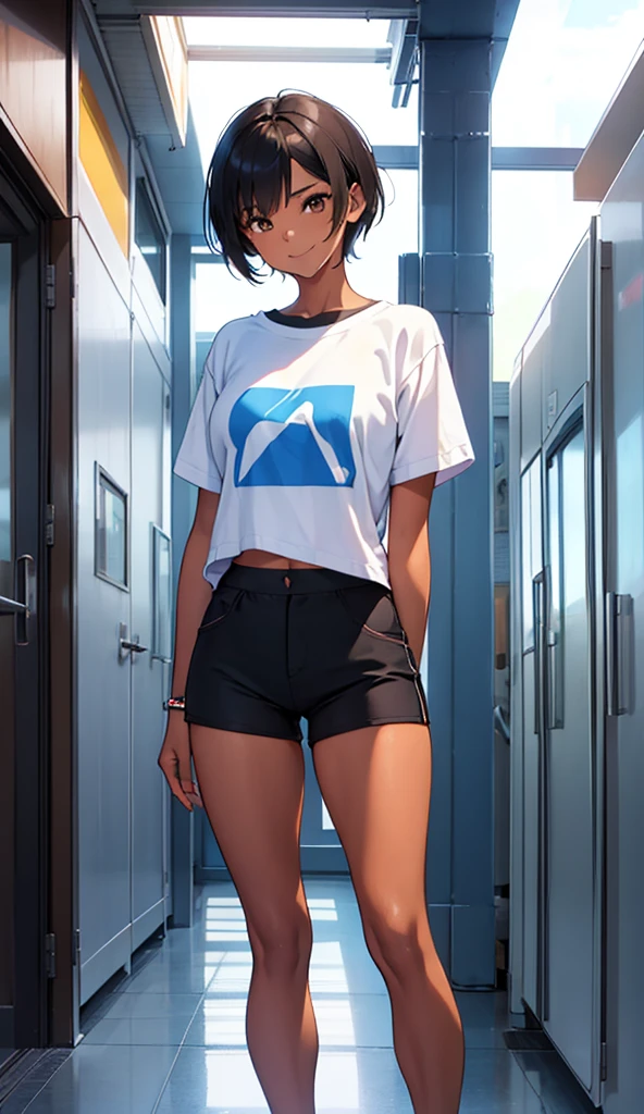 A beautiful girl is standing in the school hallway, viewer ,Smile,T-Shirts, hotpants, flat chest, I'm thin,( tanned brown skin),(Short black hair),A window with a view of the blue sky,High image quality