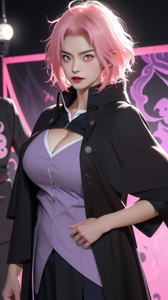 (（（figure，御姐figure,White and tender skin,（（（akatsuki outfit，coat, cloak, black coat, black cloak, ( Xiao uniform :1.5) ）））,(（（Sasuke Boruto，sakura warshippuden, red eyes， bangs,Pink short hair））),，((masterpiece)), highres icon,((Best quality at best)),masterpiece,quality,Best quality,(（（  to the audience,Light in the eyes，sneer）））， huge chest,susanoo，Purple Suzanoho）））