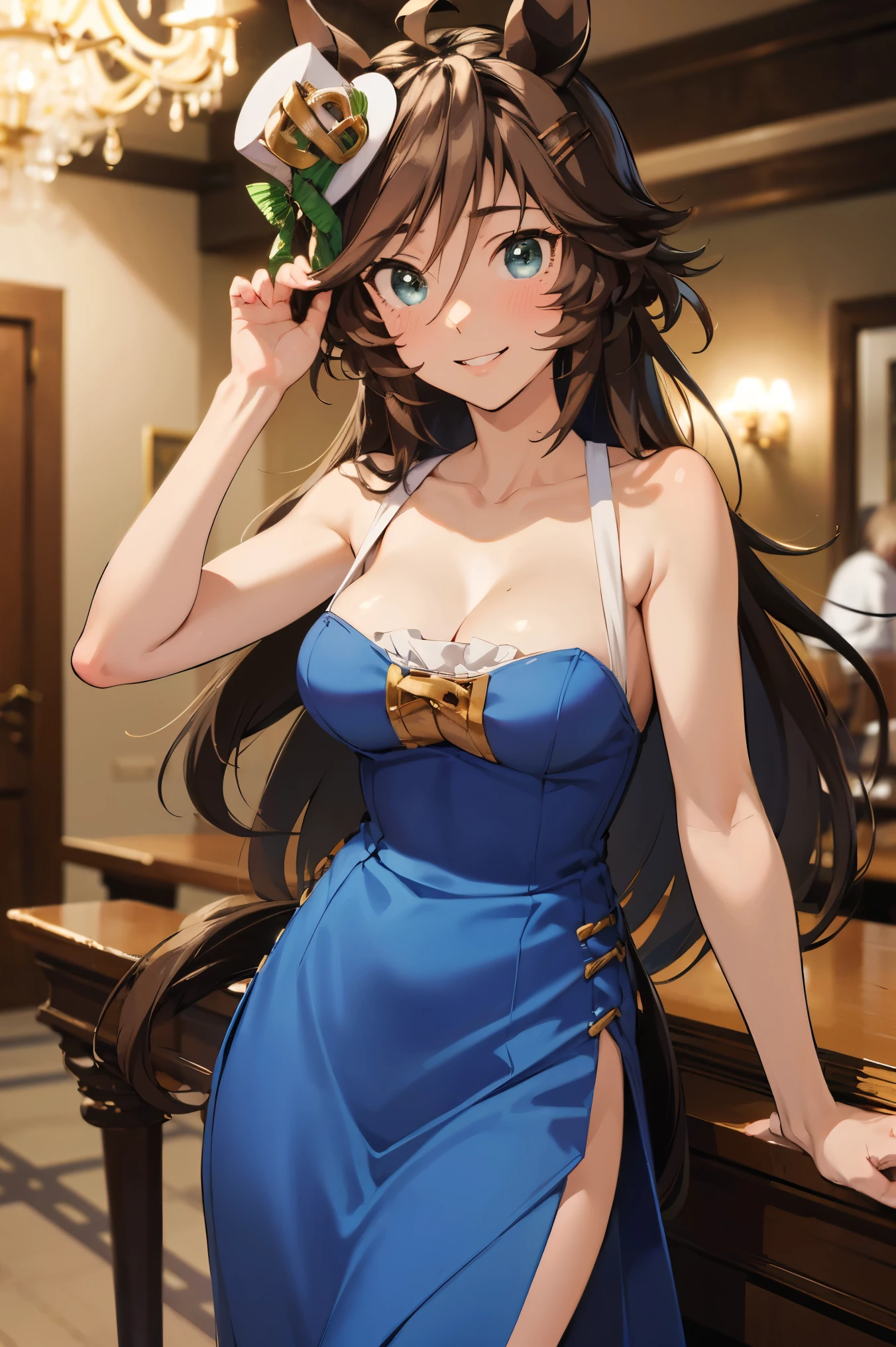 NSFW,masterpiece,Best Quality, Hi-Res, very detailed,mr. c.b. \(Uma Musume\),(Hostess:1.5), evening dresses,Chest cut-in,Embarrassed,blush,smile,bar,Luxurious Room, chandeliers 