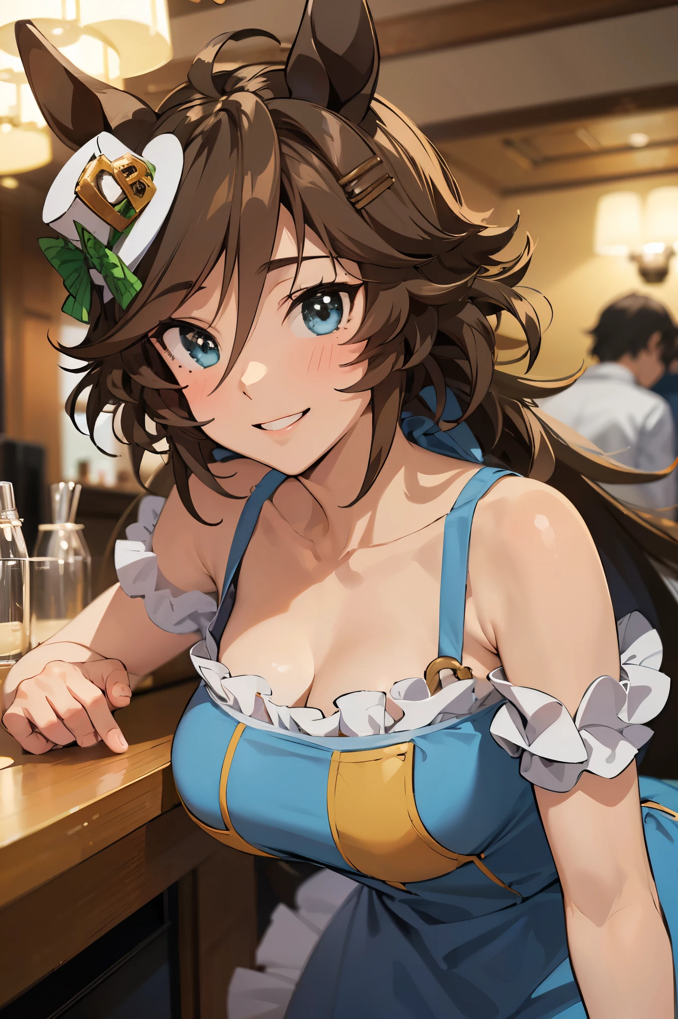 NSFW,masterpiece,Best Quality, Hi-Res, very detailed,mr. c.b. \(Uma Musume\),(Hostess:1.5), evening dresses,Chest cut-in,Embarrassed,blush,smile,bar,Luxurious Room, chandeliers 