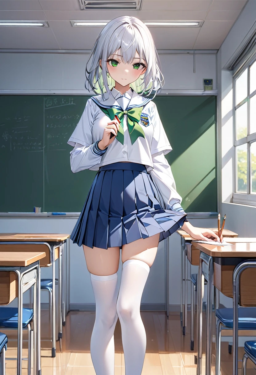 masterpiece, Best Quality,  ,  white school uniform , Green Bow,  Blue Pleated Skirt , Absolute territory, emblem, white thighhighs,  standing , Holding a pencil, in classroom,  closed mouth, legs together指導ポーズ