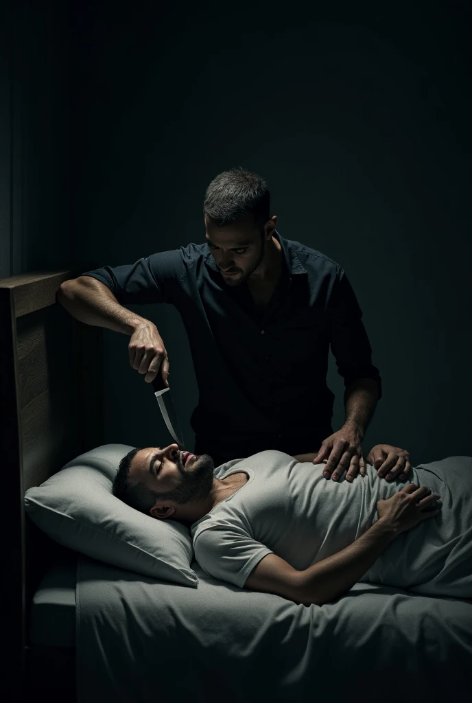 Homme avec des gants chirurgicaux qui étouffe quelqu’un d’allonge avec ses mains qui recouvre entièrement sa bouche et l’autre qui pince son nez