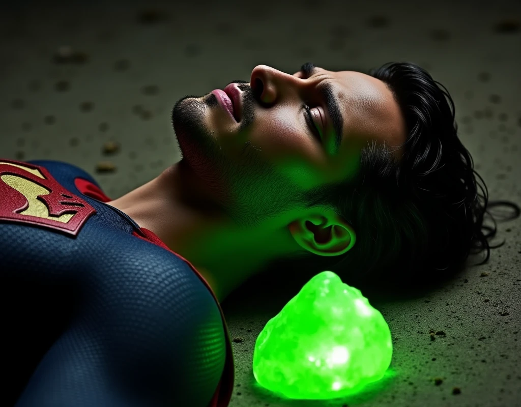 Nicholas Alexander Chavez, An attractive superman is lying on the ground.  He has a well-defined jaw, a small beard, he has a sexy and pained expression, his eyes are closed, suggesting that he is unconscious or incapacitated. He's trying to get up. Near him is a glowing green crystal, probably kryptonite, that emits a bright light.