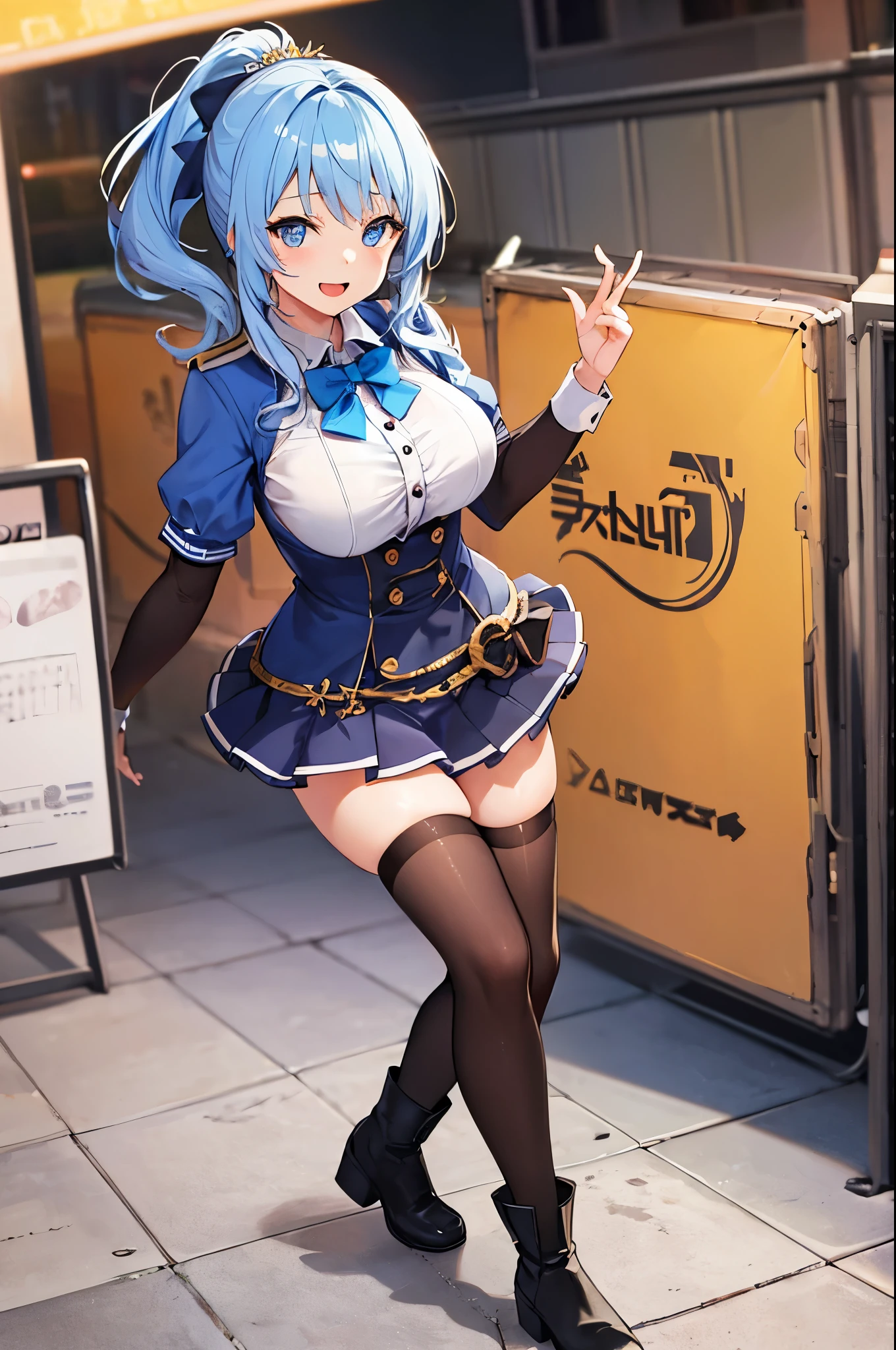 masterpiece, best quality, integrated scenery, integrated background, extremely delicate and beautiful, meticulous details, good composition, , cute face, perfect face, perfect hands, best quality, absurdres, 1teen_girl, solo, Hoshimachi Suisei, light blue hair, blue eyes, happy, big_smile, parted lips, cowboy shot, sidelocks, ponytail, toned, joyfull,
idol, idol clothes, hololive idol uniform, bowtie, blue skirt, brooch, dress, concert, on stage, frilled skirt, jewelry, layered dress, short sleeves, tiara, midriff, thighhighs(shout:1.3),(open_mouth:1.3),singing,glare, idle_live,audience_psyllium_landscape,boots,happy,joyfull