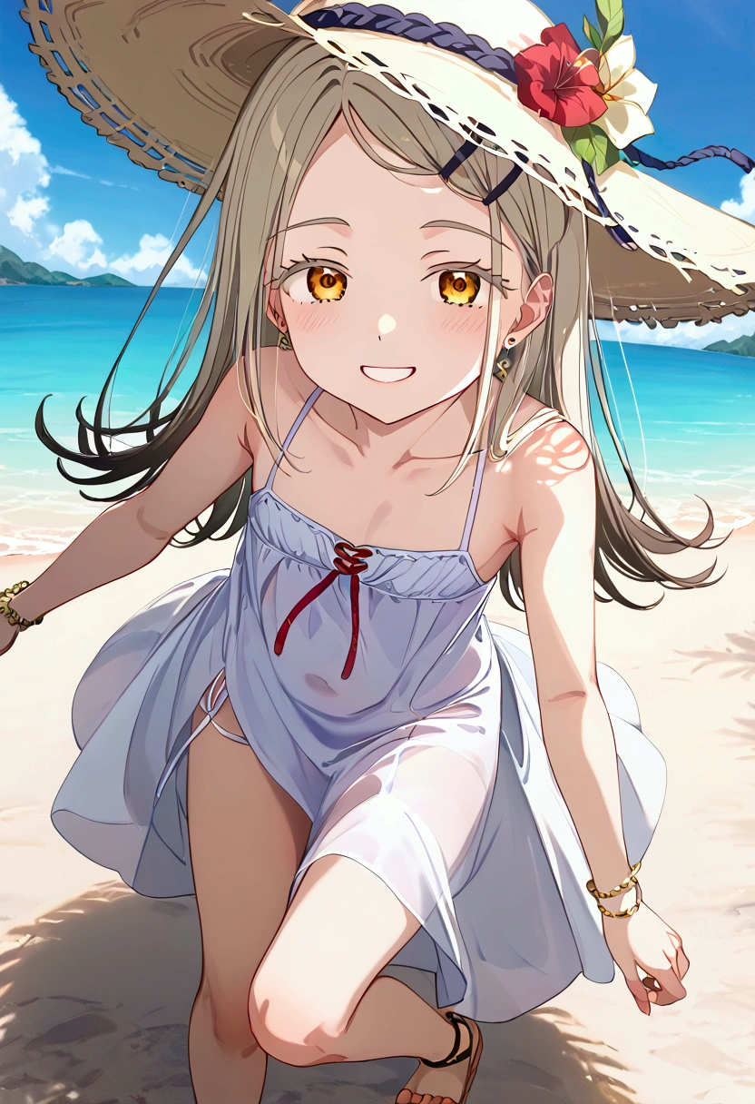 High image quality 、masterpiece、 High Quality  、Full HD、4K 、 depict only one girl、Depict the whole body、Hiroshi Shinozawa、Cream colored long hair 、Black hairpin、 golden eyes、slim、 straw hat、 smile、Red  on cheeks、 flat chest、unadorned sleeveless white dress、 wearing white sandals、An empty beach、 open your mouth、dancing on the beach 、blue sky、Blue Sea