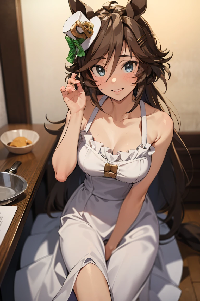 NSFW,masterpiece,Best Quality, Hi-Res, very detailed,mr. c.b. \(Uma Musume\),(Hostess:1.5), evening dresses,Chest cut-in,Embarrassed,blush,smile,bar,Luxurious Room, chandeliers , dim room sitting in a wooden box