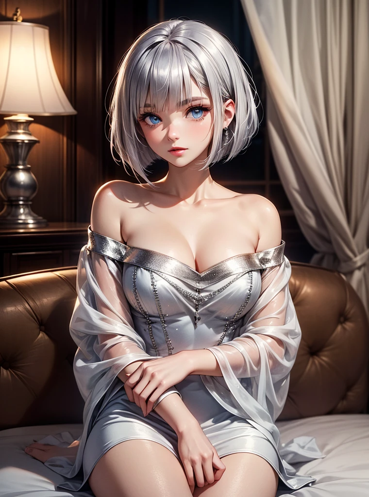 Gray male wolf,Very young々Successfully、good looking、Wolf Ears、Very elegant, With blue eyes,Sitting、Her hair is short