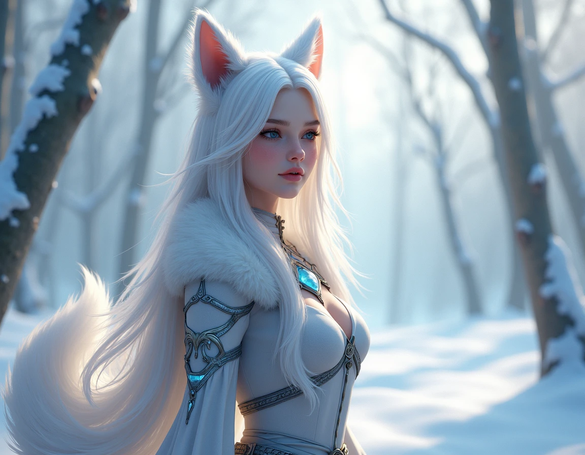 (((solo exhibition)), white fox clothes, lots of decorated costumes, (full body) Take photos of the most beautiful artwork detailed, Intricate details, High detail, Ultra realistic, Hidden armor,  proportions, Realistic art,!!!, (((Female Arctic Fox 9 Tails)), Snow covered mountains and forests background, very, very beautiful human art, realistic, 8k, no human hair, no repetition, no repeating tail, no clones, no big heads, ((stuning beautiful idol face)) (highest image quality), (masterpiece), (vibrant, photography realistic, Realistic, Dramatic, Dark, Sharp focus, 8K), (detailed face, lip, nose, rouge, eyeshadow, lipstick, gorgeous face), ((nsfw)) , sexy face beautiful girl, Hour-glass figure body ((full body:1.3)), looking at viewer, blur, blurred background, blurred foreground (bokeh, lens flare, anamorphic lens flare, depth of field), big boobs, long legs, (( 9 Tails:1.2))
