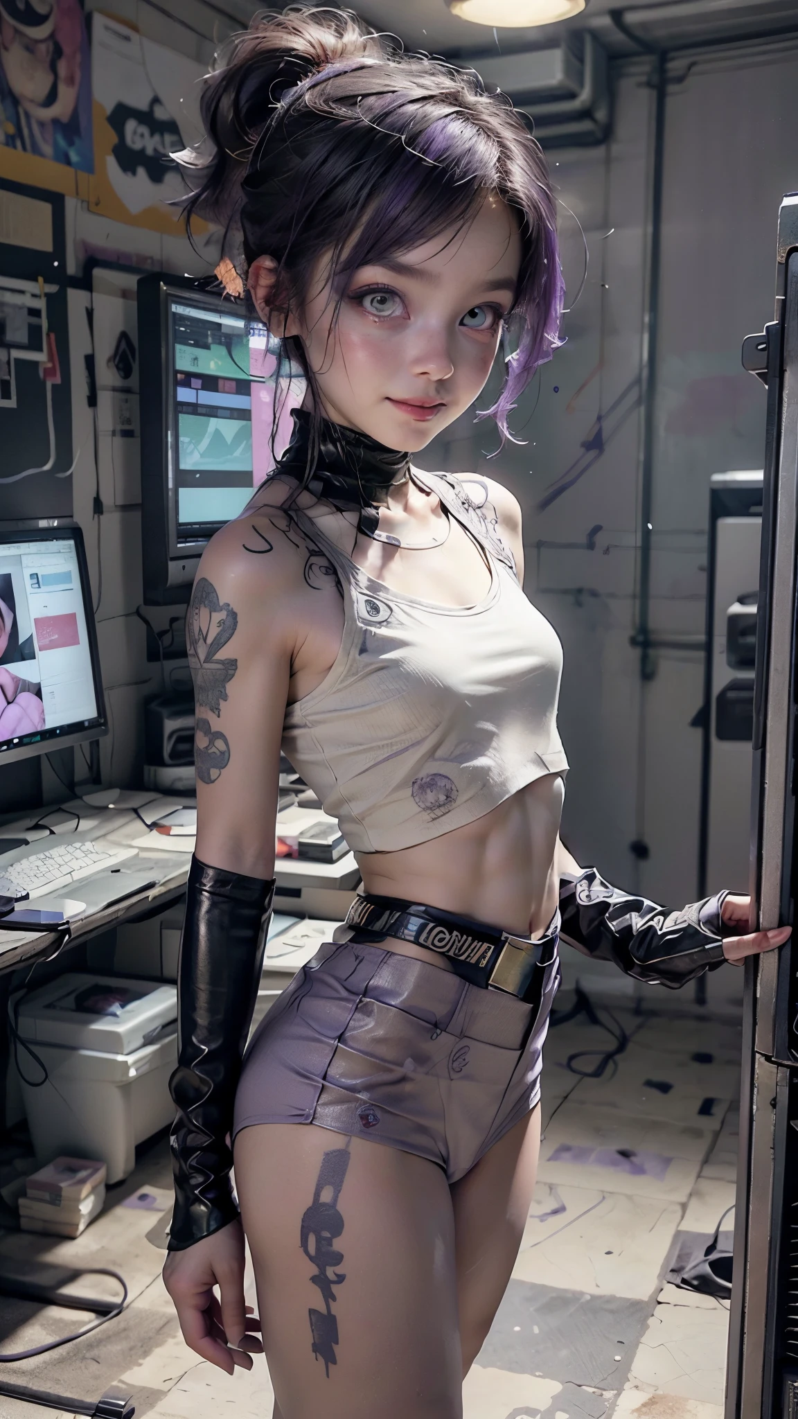 A stunning full color intricate portrait in Ultra-HD, a 24 year old girl, detailed face, ((ultra detailed, masterpiece, best quality)), short multicolored hair, brown eyes, makeup, tattoos, tank top, black pants, full body, epic character composition . . alessio albi, nina masic, sharp focus, natural lighting, subsurface dispersion, f2, 35mm
