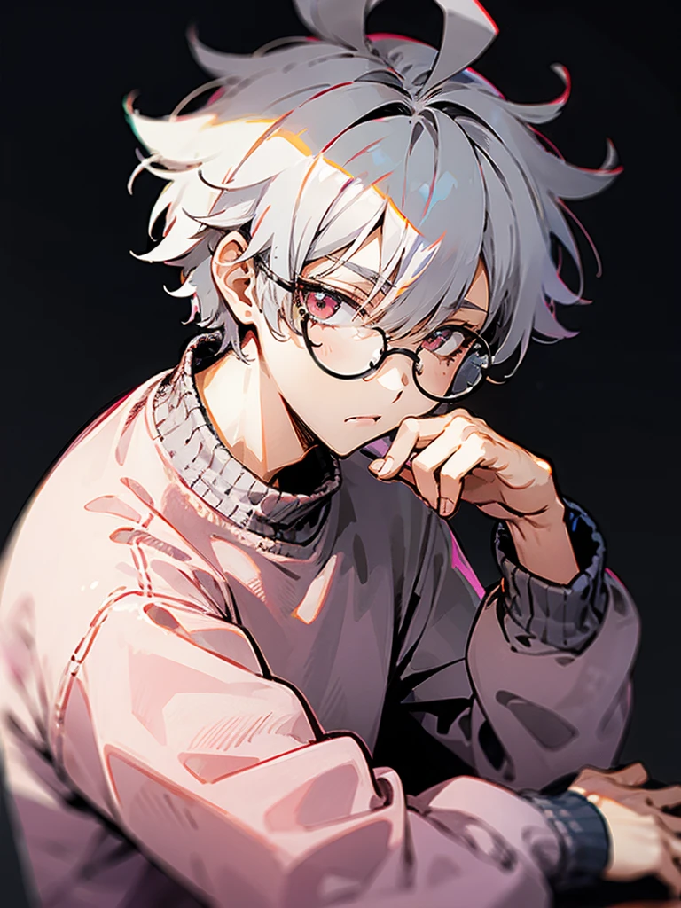 1 male, Gray Hair, messy hair ,  short hair, Pink Eyes,   long sleeve sweater , round glasses , Lazy expression