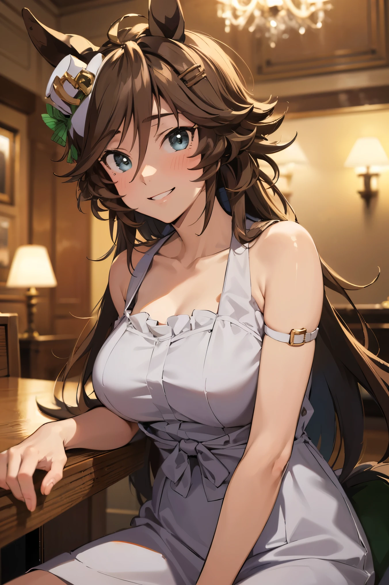 NSFW,masterpiece,Best Quality, Hi-Res, very detailed,mr. c.b. \(Uma Musume\),(Hostess:1.5), evening dresses,Chest cut-in,Embarrassed,blush,smile,bar,Luxurious Room, chandeliers , dim room sitting in a wooden box