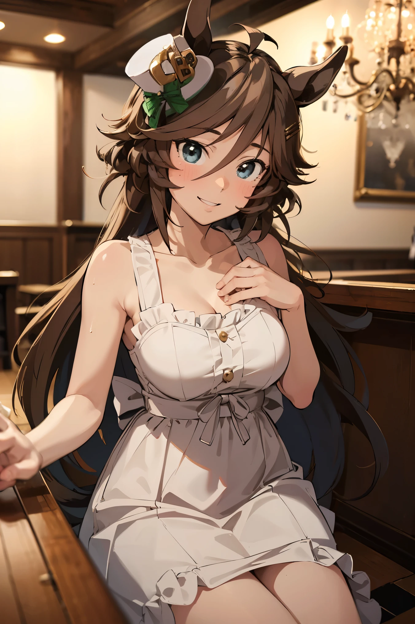 NSFW,masterpiece,Best Quality, Hi-Res, very detailed,mr. c.b. \(Uma Musume\),(Hostess:1.5), evening dresses,Chest cut-in,Embarrassed,blush,smile,bar,Luxurious Room, chandeliers , dim room sitting in a wooden box