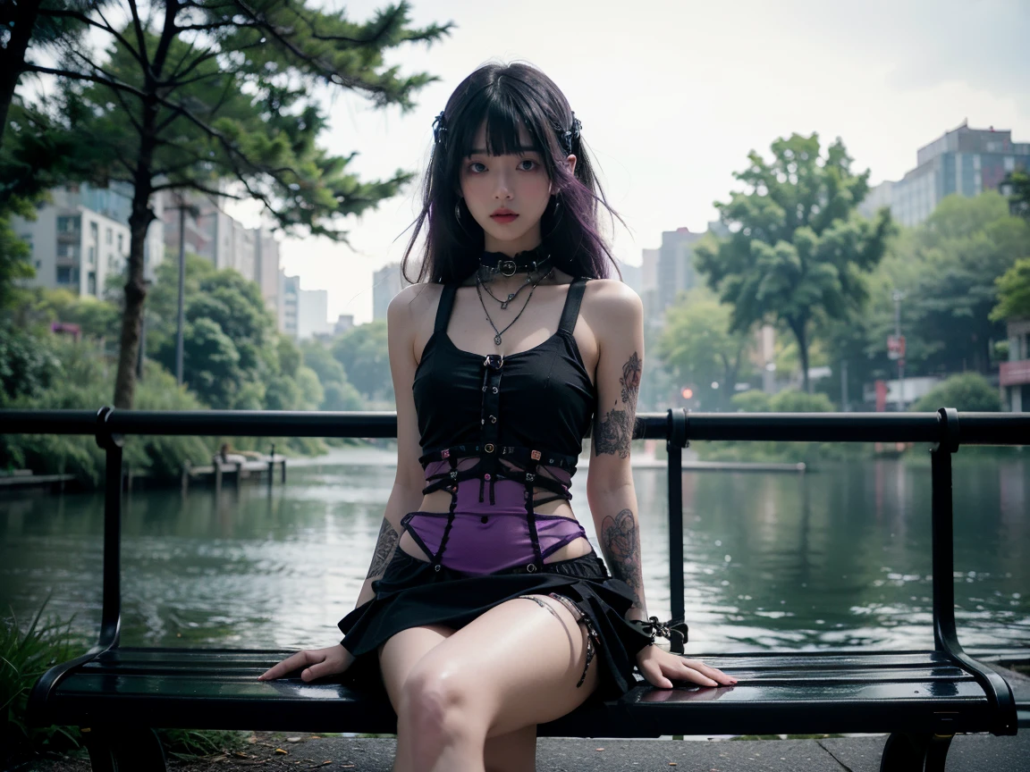 Technoir , Cool colors,  Artistically refined ,  Realistic visuals ,  woman in purple bikini taking pictures in , tranquility,  subdued lighting effects, Natural Skin Radiance,  Girl Sitting on a Park Bench and Enjoying the Scenery, 24 years old, slender,  Floating Medium Hair , bangs, (gothic_punk dress:1.2), masterpiece, Best Quality,  RAW photo, Candid, zwd,