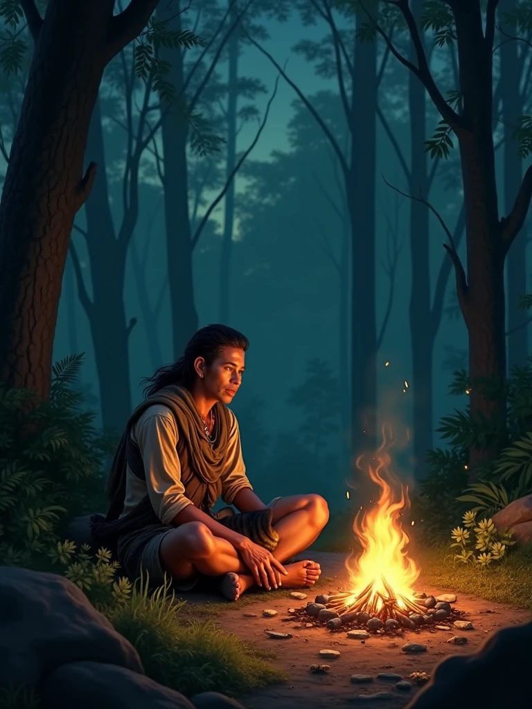 A Thai hunter sits in front of a fire at night in the forest